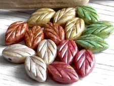 15 - 12x8mm CZECH MIX GOLD GREEN BEIGE COPPER MAUVE PEARL SHIMMER BEECH LEAF