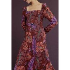 FARM RIO X-Large Red & Purple Delicate Leaves Maxi / Midi Long Sleeve Dress