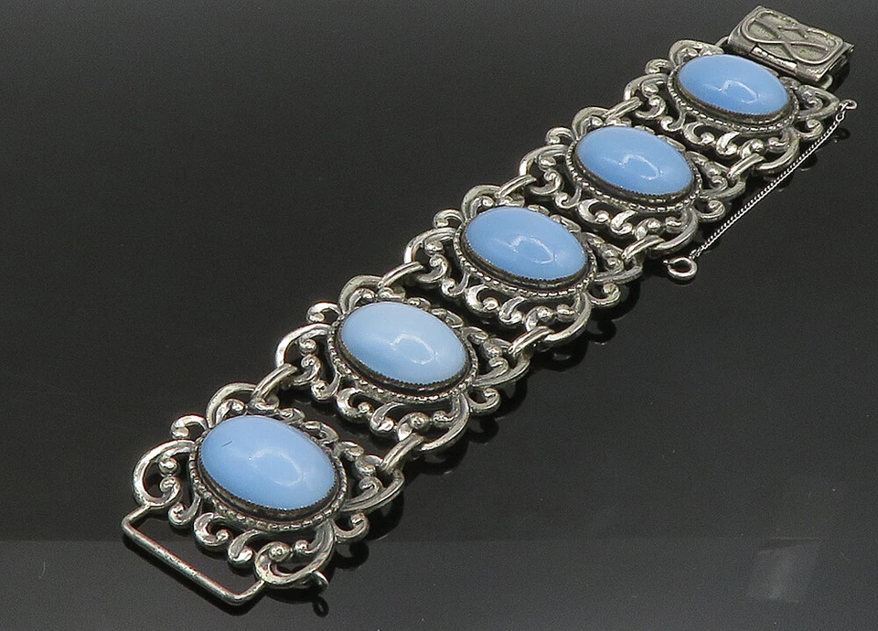 Pulsera de cadena remolino de vidrio azul vintage de plata de ley 925 de Danecraft BT9171 Foto 3 de 4