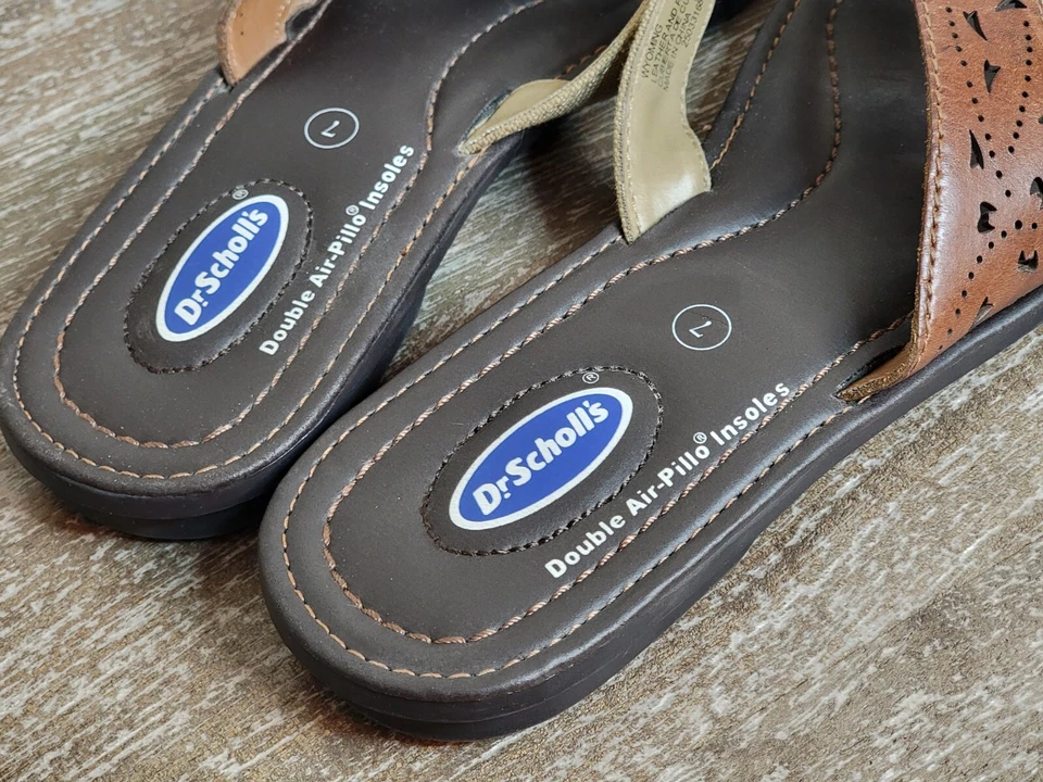 Sandalias Dr. SCHOLL"S Para Mujer Talla 7 Cuero Marrón Puntera Abierta Chanclas, Planas Usadas en Excelente Condición Foto 4 de 4
