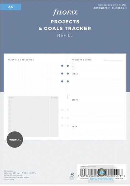 Filofax A5 size Projects & Goals Tracker Notepaper Minimal Design Refill 132685