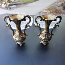 2 Vtg Brass 4.75" Double Handled Intricate Vases Made In Italy 🇮🇹 candle base