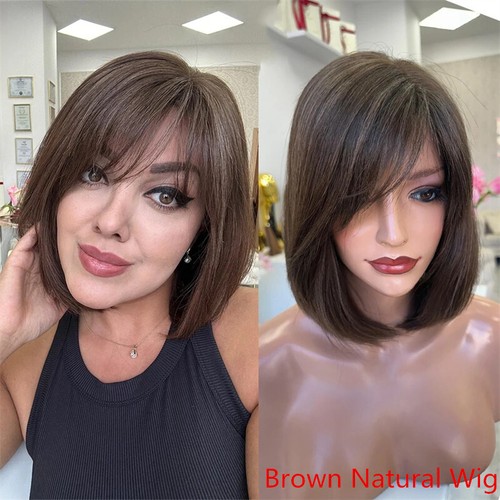 Brown with Ash Blonde Highlight Bob Wig with Bangs Lace Front Human Hair Wigs - Picture 3 of 9