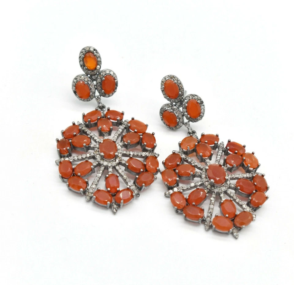 Único Pavé de Diamante Naranja Cornalina Largo Colgante 925 Pendientes Plata Ley - Imagen 2 de 4