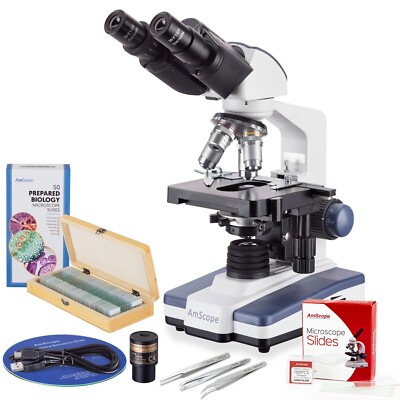 AmScope B120C Microscope Kit2 40X-2500X LED Binocular Compound Microscope+Extras