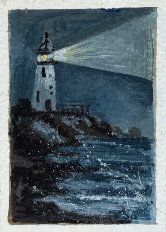 ACEO-Original Art- “Beacon in the Storm” Lighthouse Night Seascape Coastline