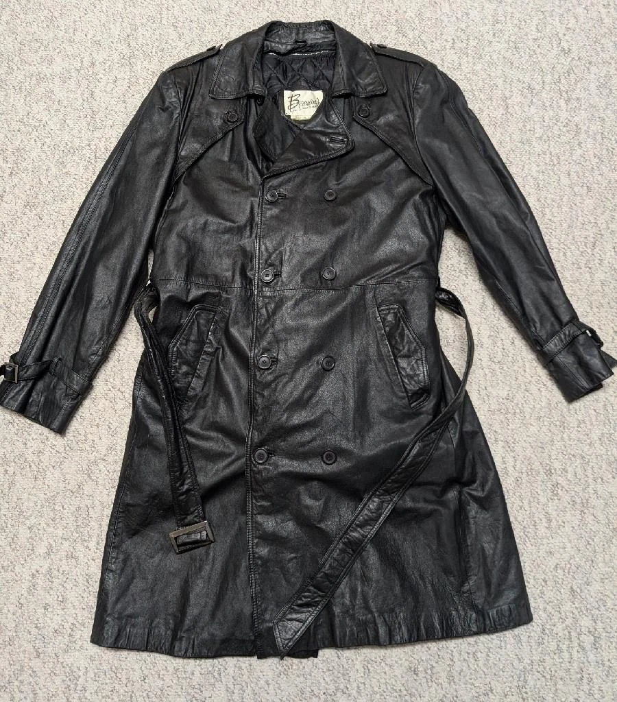 1980s vintage TRENCH COAT leather 42 double breasted BELTED black SHERLOCK - product detail image 7