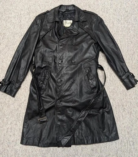 1980s vintage TRENCH COAT leather 42 double breasted BELTED black SHERLOCK image 7