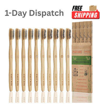 10 Count Bamboo Toothbrush Soft Medium Charcoal Bristles Natural Wood Eco