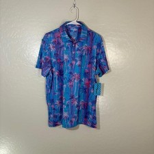 Birdie Bound Polo Shirt Mens Medium Blue Tropical Palm Golf Stretch Performance