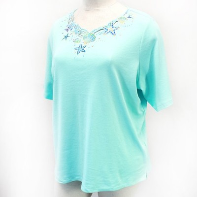 Quacker Factory Plus Nautical embroidered rhinestones sea shirt blouse top 3X