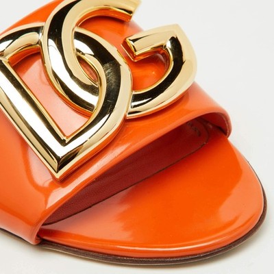 Dolce Gabbana Orange Patent Leather DG Logo Flat Slide Sandals