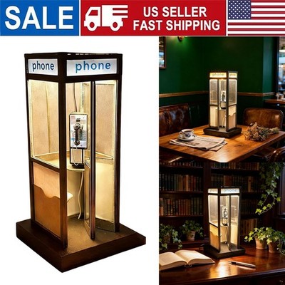Vintage Phone Booth Table Lamp with Warm LED Light Mini Decor Light for Home