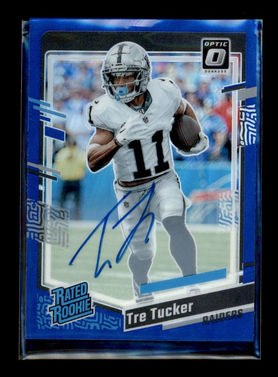 2023 Panini Donruss Optic Blue Rated RC Auto Tre Tucker Las Vegas Raiders 53/99