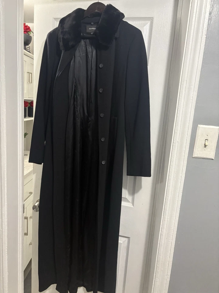 Express Wool Maxi Black Coat With Removable Faux Fur Collar Large