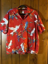 Vtg Paradise Found Red Magnum PI Hawaiian Shirt Tropical Parrot Print Rare L