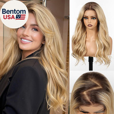 13X6 HD Lace Front Wig Synthetic 22 Inch Ombre Blonde Highlight Long Wave Layere
