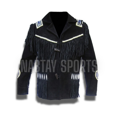 Men s Western Suede Fringe Jacket Native American Style Beaded Bone Leather Coat