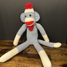 Vintage Blue Classic Sock Monkey Doll stuffed plush 19" tall retro
