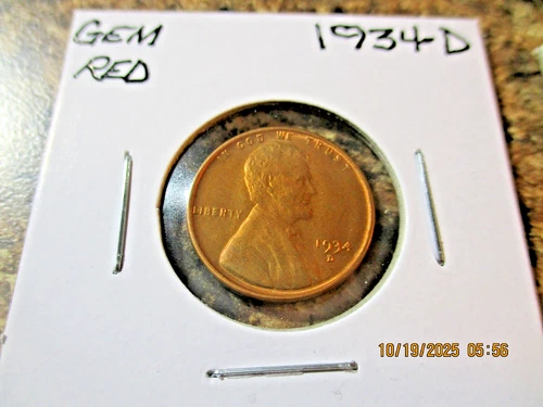 1934-D LINCOLN WHEAT CENT GEM BU RED FROM ORIGINAL ROLL    67
