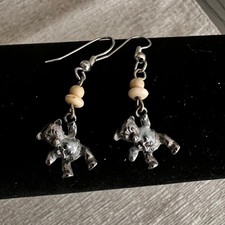 Hanging Silver Teddy Bear in Blue Shirt Earrings