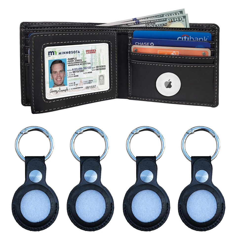 Cartera Airtag y paquete de 4 llaveros de cuero genuino porta tarjetas de crédito estuche Air Tag Foto 2 de 4