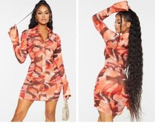 Prettylittlething Multi Abstract Print Mesh Ruched Oversized Cuff Shirt Dress 4