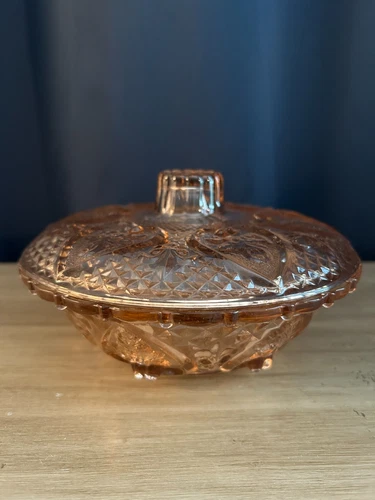 KIG Malaysia Vintage Pink Depression Glass 7" Candy Dish w/Lid Roses Hearts