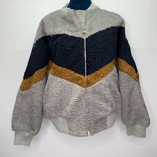 Joa Bomber Jacket Womens Xs Crop Teddy Knit Ring Zip Gray Blue Brown Nwt