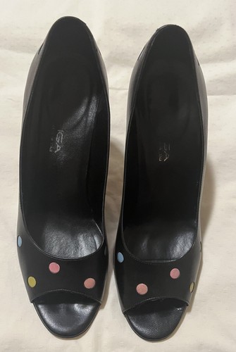 Vintage Via Spiga Abbrasivato Black Leather Open Toe Pump Heels Size 8.5M - Picture 9 of 9