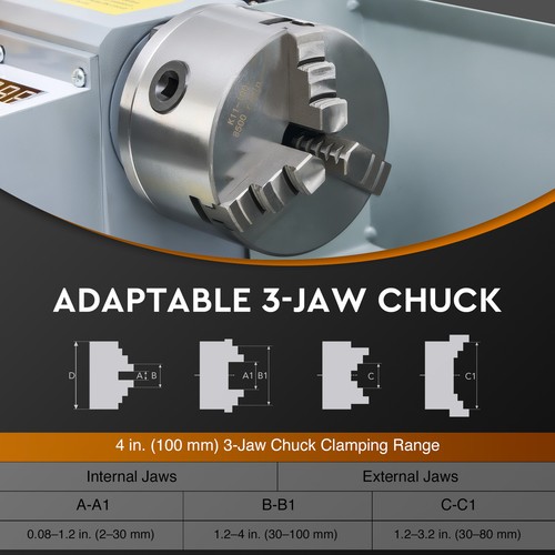 CREWORKS Mini Metal Lathe 18x35cm 550W DC Motor 2500rpm LCD Display 3-Jaw Chunk - Picture 5 of 8