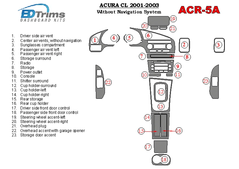 Kit de molduras de tablero BDTrims para modelo Acura CL 2001-2003 Foto 2 de 4
