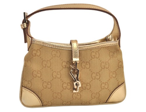 Authentic GUCCI Jackie Hand Bag Pouch Purse GG Canvas Leather 0013306 Gold 4362M
