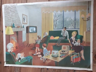 Ancienne  affiche scolaire Ed. ROSSIGNOL   Le salon / La salle de bain - Photo 1/4