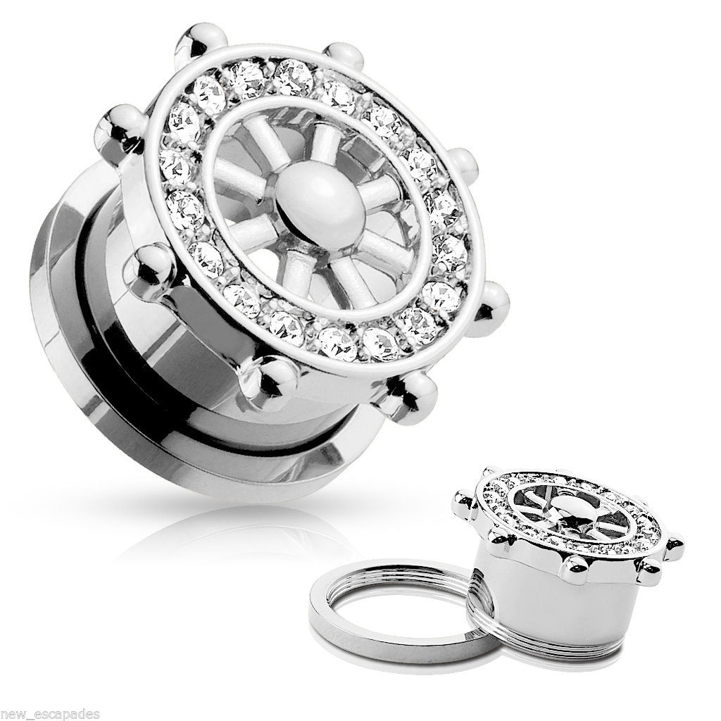 PAIR-Ships Wheel w/Clear Gems Steel Screw On Ear Tunnels 14mm/9/16