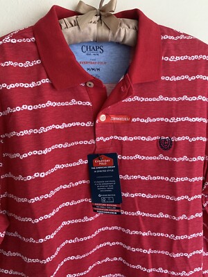 NWT M Chaps Red Floral Stripe Everyday Polo Golf Shirt Stretch