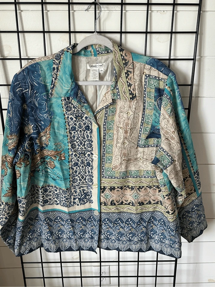 Jaqueta casual feminina Coldwater Creek mistura de seda botão frontal carreira 2X forro azul - Imagem 3 de 4