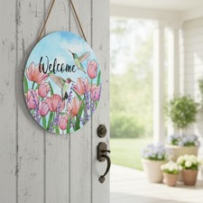 Welcome Spring Summer Hummingbirds Sign for Front Door Decor Spring Floral Wo...