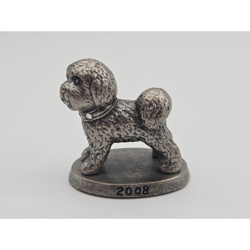 Bichon Frise Dog Figurine 2008 Metal Miniature Rhinestone Collar Pewter Tone