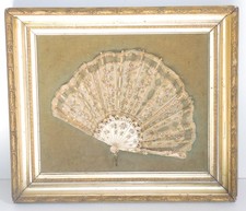Framed Rare 19th C. 1810-50 Gold Plated Brass Mesh  Silk Leaf Covered Bris  Fan