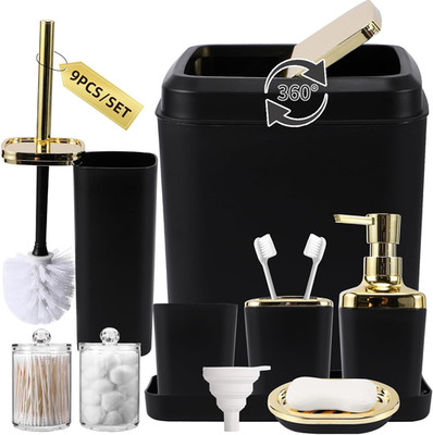 Black Bathroom Accessories Set, Black and Gold Bathroom Accessories with Trash C