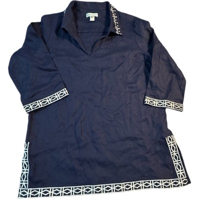 Nieman Marcus 100% Linen Navy Tunic Top Women's Size Medium  Excellent Shape