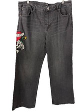 Vintage Y2K Ed Hardy Baggy Embroidered Denim Jeans Womens Size 38 Rare Black