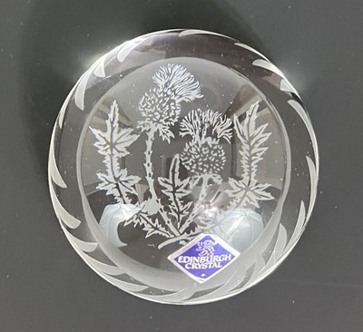 Edinburgh Crystal Etched Thistle 3'' Paperweight with Original Sticker - Scotland