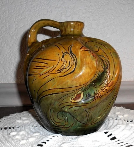 WELLER DICKENS WARE POTTERY SIGNED HUNTER INCISED FISH ARTS AND CRAFTS NOUVEAU