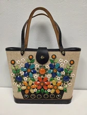 1960's Enid Collins Texas "Flower Basket" 8" Vintage Handbag Purse Wood Bottom