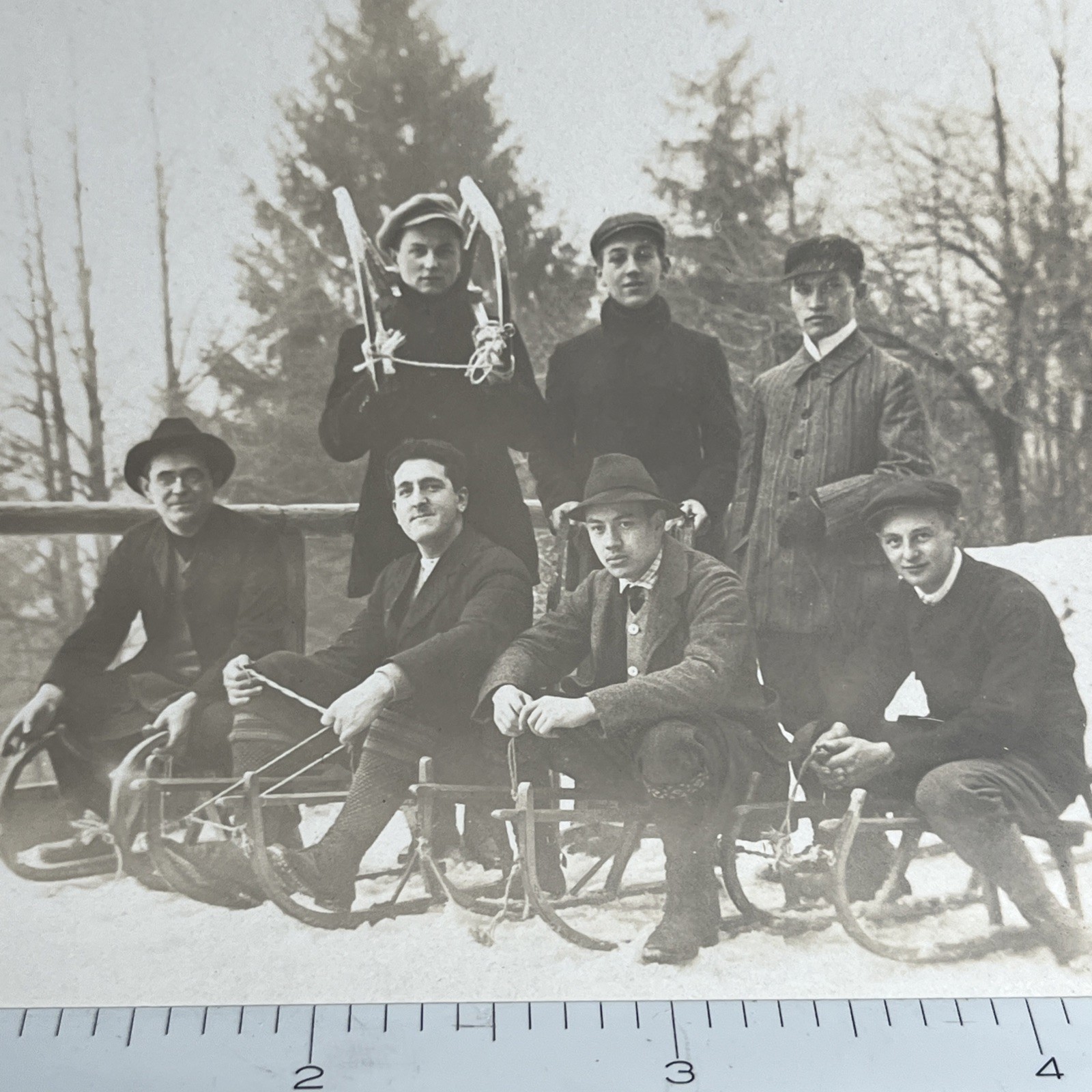 Antique Snapshot Men with Toboggans, Winter Sledding Innsbruck Austria 1912 - E1