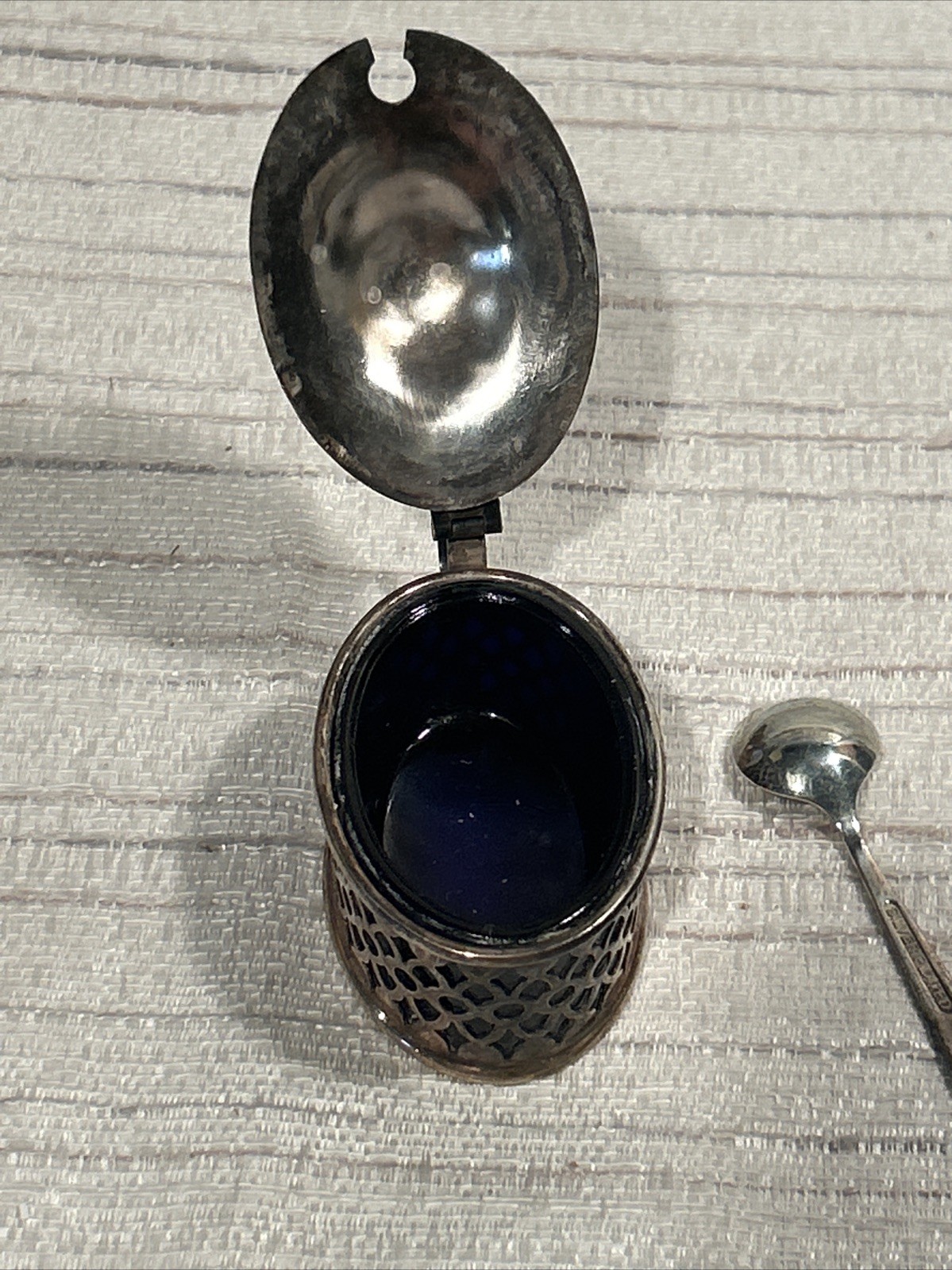 English Mustard Container W/Silver Plated Spoon~Lined With Cobalt Blue Glass