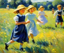 Impressionistic Landscape Children Playing on Meadow Canvas 24x20" (61x51cm)