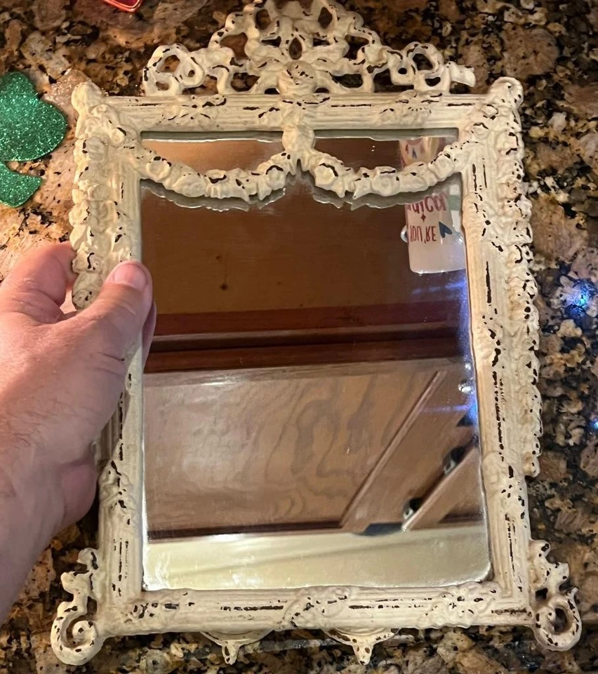 Cast Iron Painted White Metal Vanity Mirror Frame Shabby Romantic Cottage Chic - Image 2 of 4